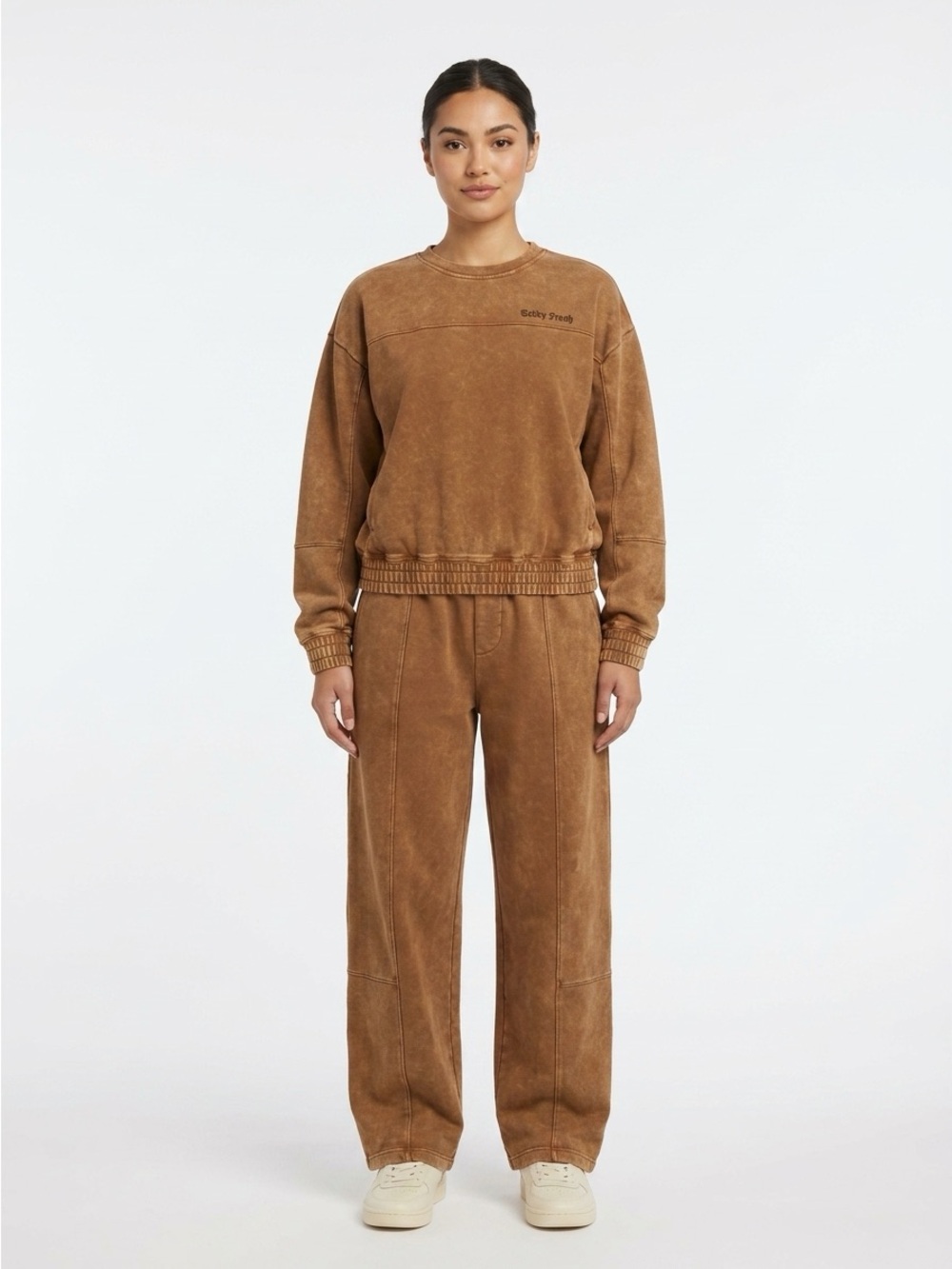 Teddy Fresh Vintage Wash Tracksuit Set Gothic Embroidery Cotton Brown Small